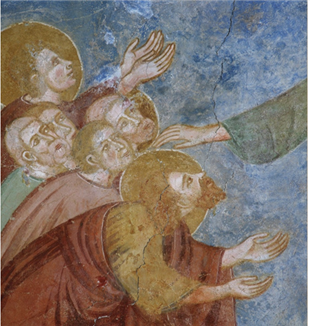 Chrystus i apostołowie. Szczegół z fresków przedstawiających wydarzenia z życia Chrystusa. Kościół św. Małgorzaty (ok. XIII w.), Laggio di Cadore (Belluno, Włochy) © Archiwa Alinarich, Florencja