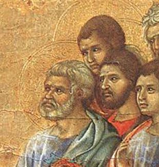 Duccio di Buoninsegna, fragment przedstawiający uczniów z „Objawienia Chrystusa”.
