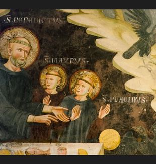 Św. Benedykt ze świętymi Maurycym i Placydem, jego pierwszymi uczniami, na fresku w Subiaco (fot. monasterosanbenedettosubiaco.it)