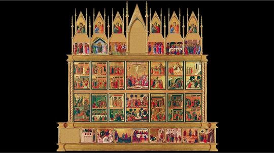 Wirtualna rekonstrukcja poliptyku Maestà (rewers), namalowanego przez Duccia di Buoninsegna dla katedry w Sienie. Lewy dolny róg, Ostatnia Wieczerza (©Wikipedia)