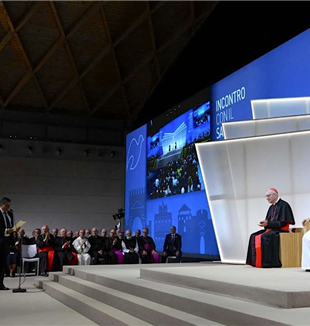 Davide Prosperi podczas pozdrowienia skierowanego do papieża Leona XIV (©Vatican Media)